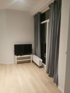 ein Wohnzimmer mit einem Flachbild-TV und einem Fenster in der Unterkunft Apartment in Natrup-Hagen 
