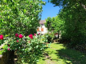 un jardín con rosas y una casa de fondo en Gite du Dolmen classé 3 épis, en Blessac