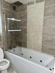 a bathroom with a toilet and a bath tub with a shower at Spacious 2-bed flat with free parking in Croydon