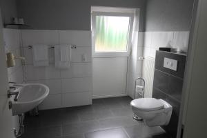 a bathroom with a sink and a toilet and a window at Hotel Geromont in Andernach