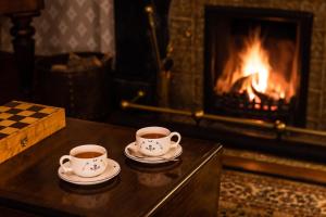 two cups of coffee sitting on a table in front of a fireplace at Tullymurry House in Newry