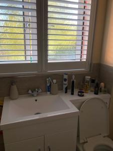 a bathroom with a sink and a toilet and a window at Pats house in Earlswood