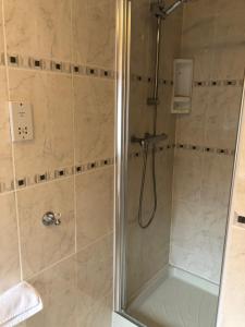 a shower with a glass door in a bathroom at Cherry Tree house in Wellington