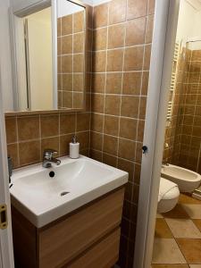 een badkamer met een wastafel, een toilet en een spiegel bij Darsena Apartments in Savona