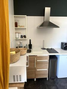 - une cuisine avec un évier et un comptoir dans l'établissement Appt cosy vue mer Malo-Les-Bains, à Dunkerque