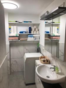 a bathroom with a sink and a white toilet and a sink at Ferienwohnung Erna in Marktoberdorf +26 photos