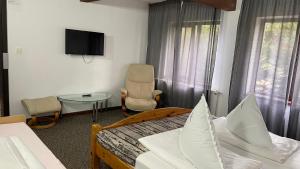 Schlafzimmer mit einem Bett, einem TV und einem Stuhl in der Unterkunft Casa Piscu Ioanei in Braşov