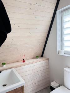 een badkamer met een houten muur en een wastafel bij K2 House in Skole