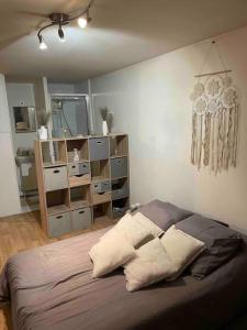 a bedroom with a bed with pillows on it at Studio Lac d'Enghien in Enghien-les-Bains