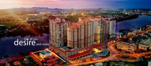 an overhead view of a city with a river and buildings at Senandika Homestay in Kuching