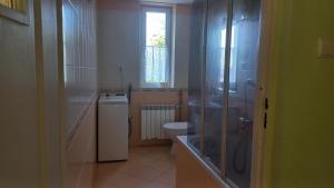 a bathroom with a toilet and a sink and a window at Apartamenty Warka in Warka