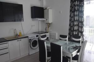 a kitchen with a table and a washing machine at Real Residence -apartament cu 3 camere- Valeni 144 in Ploieşti