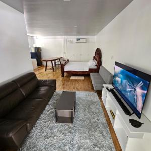 uma sala de estar com um sofá e uma televisão de ecrã plano em A's Place - Casaroro em Valencia