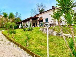 una casa con palmeras frente a un patio en La Cascina Scalera per il tuo relax con piscina sauna ed Idromassaggio, en Castel Campagnano