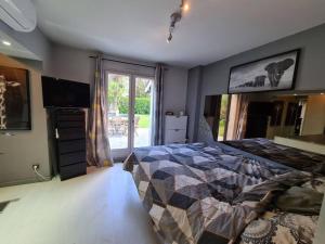 a bedroom with a bed and a tv and a window at Maison accessible à tous avec piscine! in La Tronche