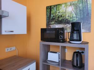 a kitchen with a microwave and a coffee maker on a shelf at Domino Apartment in Baden-Baden