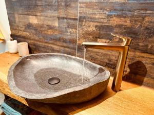 a stone sink with a faucet in a bathroom at Le Grenier - Gîte de Charme La Rochelle in Saint-Médard-dʼAunis +19 photos