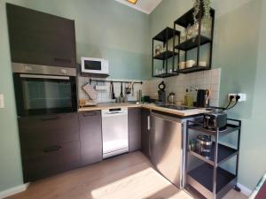eine Küche mit einer Spüle und einer Arbeitsplatte in der Unterkunft Schöne Wohnung in Dresden - Neustadt in Dresden