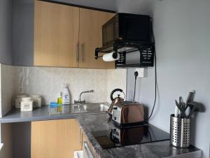 a kitchen with a sink and a microwave at Small Double Studio close to King's Cross & Camden in London