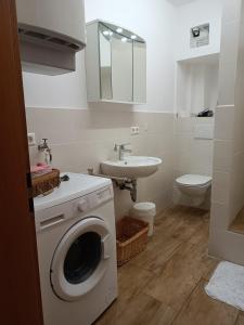 W łazience znajduje się pralka i umywalka. w obiekcie Ferienwohnung Veljanovski w mieście Blaufelden