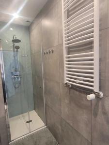 ein Bad mit einer Dusche und einer Glastür in der Unterkunft APARTAMENT W TRZĘSACZU in Trzęsacz