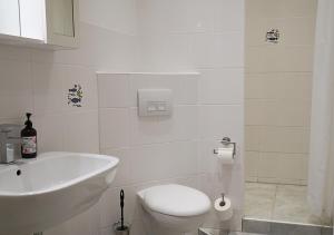 Baño blanco con lavabo y aseo en Ferienhof Landlord, en Fehmarn