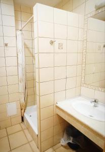 a bathroom with a sink and a shower at Ratuszowy in Włocławek