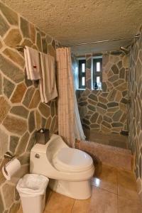 a bathroom with a toilet and a stone wall at Luxurious Lake Front Propertyfamiliescouples in Cerro de Oro