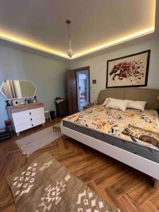 a bedroom with a bed and a dresser in it at Newly refurbished flat,Marble floors.Central Cairo in Cairo