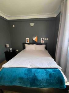 1 dormitorio con 1 cama con manta azul y blanca en Rozy homes Jinja, en Jinja
