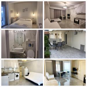 a collage of four pictures of a hotel room at Seaside Luxury Suites by Sarigianni in Paralia Katerinis