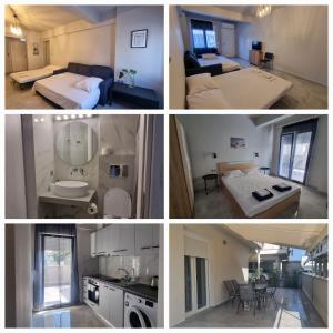 a series of four pictures of a hotel room at Seaside Luxury Suites by Sarigianni in Paralia Katerinis +90 photos