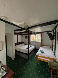 Duas camas num quarto com alcatifa verde em The King's Lodge Hotel em Kings Langley