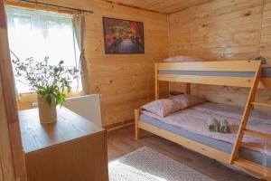 a bedroom with two bunk beds in a wooden cabin at Cabana Amis in Poeni