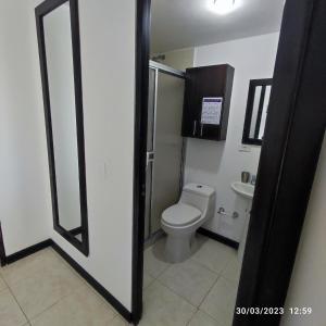 La salle de bains est pourvue de toilettes et d'un lavabo. dans l'établissement BRISAS DEL QUINDIO N1APTo 307B, à Montenegro