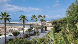vistas a una playa con palmeras y al océano en LA VILLA fronte SPIAGGIA BANDIERA BLU en Sperlonga