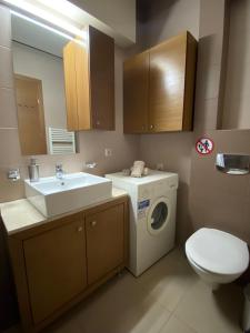 a bathroom with a washing machine and a sink at Πανέμορφο διαμέρισμα δίπλα από το κέντρο! in Tríkala