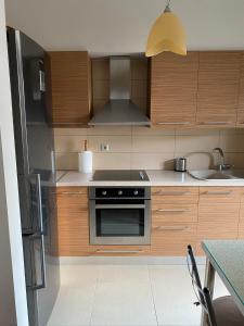 a kitchen with wooden cabinets and a stove top oven at Trikala City Apartment in Tríkala