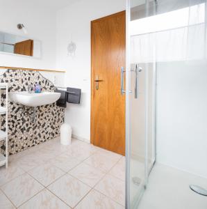 a bathroom with a shower and a sink at Ferienwohnung Sonnenblume 