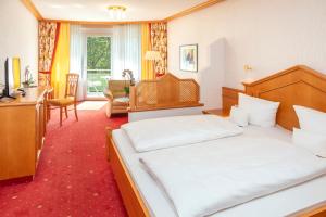 a hotel room with a bed and a desk at Parkhotel an der Therme in Bad Krozingen