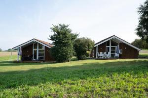 ein Haus auf einem Feld mit einem Rasenplatz in der Unterkunft Hof Ruhleben Haus Muschelsucher in Pelzerhaken