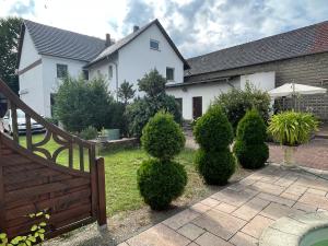 a yard with bushes in front of a house at Wormis Apartment Heideblick bei Luckau in Heideblick