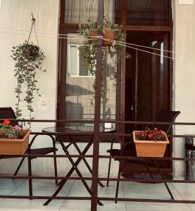 einen Tisch und Stühle auf einem Balkon mit Pflanzen in der Unterkunft happy home in Bordschomi