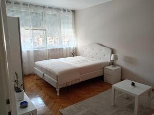 a bedroom with a white bed and a window at Red Square Apartment in Pirot