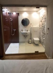 皮蘭的住宿－Vila Nada Piran，带淋浴、卫生间和盥洗盆的浴室
