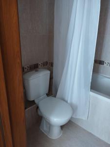 uma casa de banho com um WC e uma cortina de chuveiro em Pirin Golf - NIRVANA, Studios&SPA em Razlog