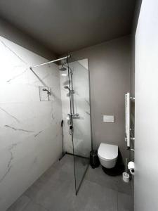 a bathroom with a glass shower and a toilet at A modern & homely apartment in Reykjavík
