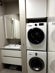una cucina con lavatrice e lavandino di A modern & homely apartment a Reykjavik