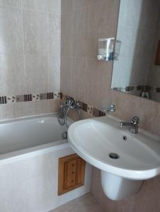uma casa de banho com um lavatório, um espelho e uma banheira em Pirin Golf - NIRVANA, Studios&SPA em Razlog