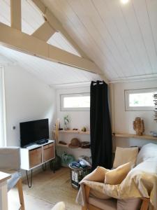 ein Wohnzimmer mit einem Bett und einem TV in der Unterkunft Les chalets de Palavesa in Porto-Vecchio